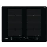 Table de cuisson induction encastrable Whirlpool WF S8865 NE avec zones de cuisson en verre noir et commandes tactiles.